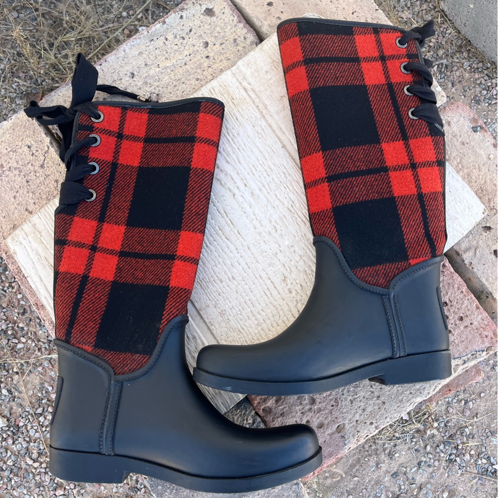 Coach Tristee Rain Boots Red Black Plaid Rubber Boots Women’s Size 9